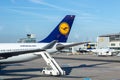 Lufthansa aircraft at the apron of Frankfurt international airport Royalty Free Stock Photo