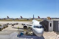 Lufthansa aircraft at the gate. Tap aircraft are parked at the apron due to corona shutdown and reduced flightplan Royalty Free Stock Photo