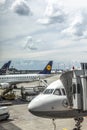 Lufthansa aircraft at ground ready for boarding during the reduced traffic situation due to corona at Frankfurt Airport