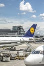 Lufthansa aircraft at ground ready for boarding during the reduced traffic situation due to corona at Frankfurt Airport