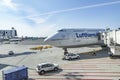 Lufthansa aircraft  parking at the terminal of  Boston Logan international airport Royalty Free Stock Photo