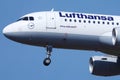 Lufthansa plane flying up in the sky, close-up view