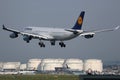 Lufthansa Airbus A340 plane landing at Frankfurt Airport FRA Royalty Free Stock Photo