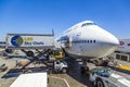 Lufthansa Boeing 747 at a Gate at Los Angeles International Airport Royalty Free Stock Photo