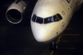 Lufthansa cabin at terminal gate, night view, close-up