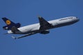 Lufthansa Cargo plane flying up in the sky
