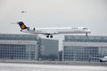 Lufthansa CityLine Bombardier CRJ-900 D-ACKG landing on Munich Airport, MUC Royalty Free Stock Photo