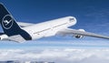 Lufthansa commercial Aeroplane flying in the sky above the mountains Royalty Free Stock Photo