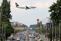 Lufthansa plane approaching Henri Coanda International Airport in Bucharest Royalty Free Stock Photo