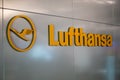 Lufthansa logo at Frankfurt international airport, Germany