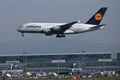 Lufthansa A380 plane approaching airport, Frankfurt Airport FRA Royalty Free Stock Photo