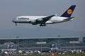 Lufthansa A380 plane approaching airport, Frankfurt Airport FRA