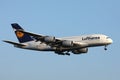 Lufthansa A380 plane approaching airport Royalty Free Stock Photo