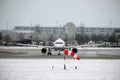 Lufthansa plane doing taxi in Munich Airport in winter Royalty Free Stock Photo