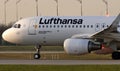 Lufthansa plane taxiing on taxiway, close-up view