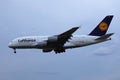 Lufthansa A380 plane flying up in the sky