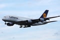 Lufthansa A380 plane flying up in the sky