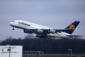 Lufthansa A380 plane taking off from Munich Airport Royalty Free Stock Photo
