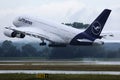 Lufthansa A380 plane taking off from Munich Airport Royalty Free Stock Photo