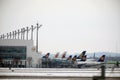 Lufthansa planes at terminal gates, Munich Airport, winter time with snow