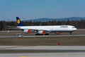 Lufthansa planes park due to the Coronavirus, Covid 19 shutdownon the northwest runway of Frankfurt Airport, FRA, Germany