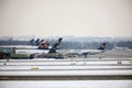 Lufthansa planes at terminal gates, Munich Airport