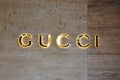 LUGANO, SWITZERLAND - NOVEMBER 27, 2017: flared sign of Gucci. Gucci is an Italian fashion and leather goods brand founded by Gucc