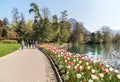 Tourists visiting Ciani Park on the long coast of Lake Lugano in the Lugano city, Switzerland