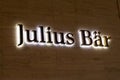 Luminous Julius Baer Bank sign hanging in Lugano, Switzerland