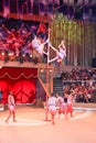 LUGANSK ,UKRAINE - APRIL 9, 2016: several acrobats in a circus performance on the pole Royalty Free Stock Photo