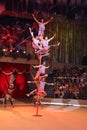 LUGANSK ,UKRAINE - APRIL 9, 2016: several acrobats in a circus performance on the pole Royalty Free Stock Photo
