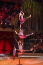 LUGANSK ,UKRAINE - APRIL 9, 2016: several acrobats in a circus performance on the pole Royalty Free Stock Photo