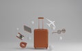 Luggage with airplane, sunglasses and camera over grey background travel concept. 3d rendering Royalty Free Stock Photo