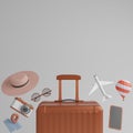 Luggage with airplane, sunglasses, hat , balloon and camera over grey background travel concept. 3d rendering Royalty Free Stock Photo