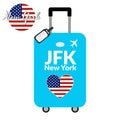 Luggage with airport station code IATA or location identifier and destination city name New York, JFK. Travel to the