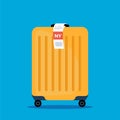 Luggage with airport sticker label. Suitcase with tag. Vector illustration