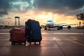 Luggage in the airport terminal at sunset, travel and transportation concept, Luggage at the airport and a commercial airplane in