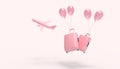 Luggage bag Airplane pastel pink double and Balloons Summer- holidays - in Love on pink background