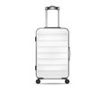 Luggage bag on white background. Large suitcase with metal handle and wheels. Realistic vector illustration