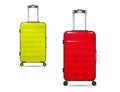 Luggage bag for modern travel - color set, realistic vector illustration. Large suitcases with metal handle and wheels Royalty Free Stock Photo