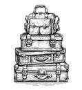 Luggage bags heap isolated. Pile of travel baggage stacked. Hand drawn illustration suitcases in sketch style