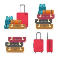 Luggage bags heap and suitcase plastic case for flight or travel baggage pile stacked isolated clipart vector flat