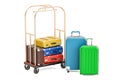 Luggage cart or hotel trolley with colored suitcases, 3D