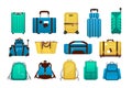 Luggage. Cartoon travel plastic suitcases and airport journey baggage, tourist trip backpack, bags and case collection