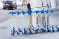 Luggage carts at the entrance of international airport terminal Royalty Free Stock Photo