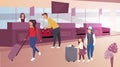 Luggage check in airport flat vector illustration. Cartoon tourists carrying suitcases. Male passenger, traveler submitting bag