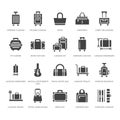 Luggage flat glyph icons. Carry-on, hardside suitcases, wheeled bags, pet carrier, travel backpack. Baggage dimensions Royalty Free Stock Photo