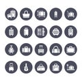 Luggage flat glyph icons. Carry-on, hardside suitcases, wheeled bags, pet carrier, travel backpack. Baggage dimensions