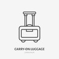 Luggage flat line icon. Wheeled suitcase carry-on sign. Thin linear logo for airport baggage rules