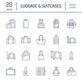 Luggage flat line icons. Carry-on, hardside suitcases, wheeled bags, pet carrier, travel backpack. Baggage dimensions